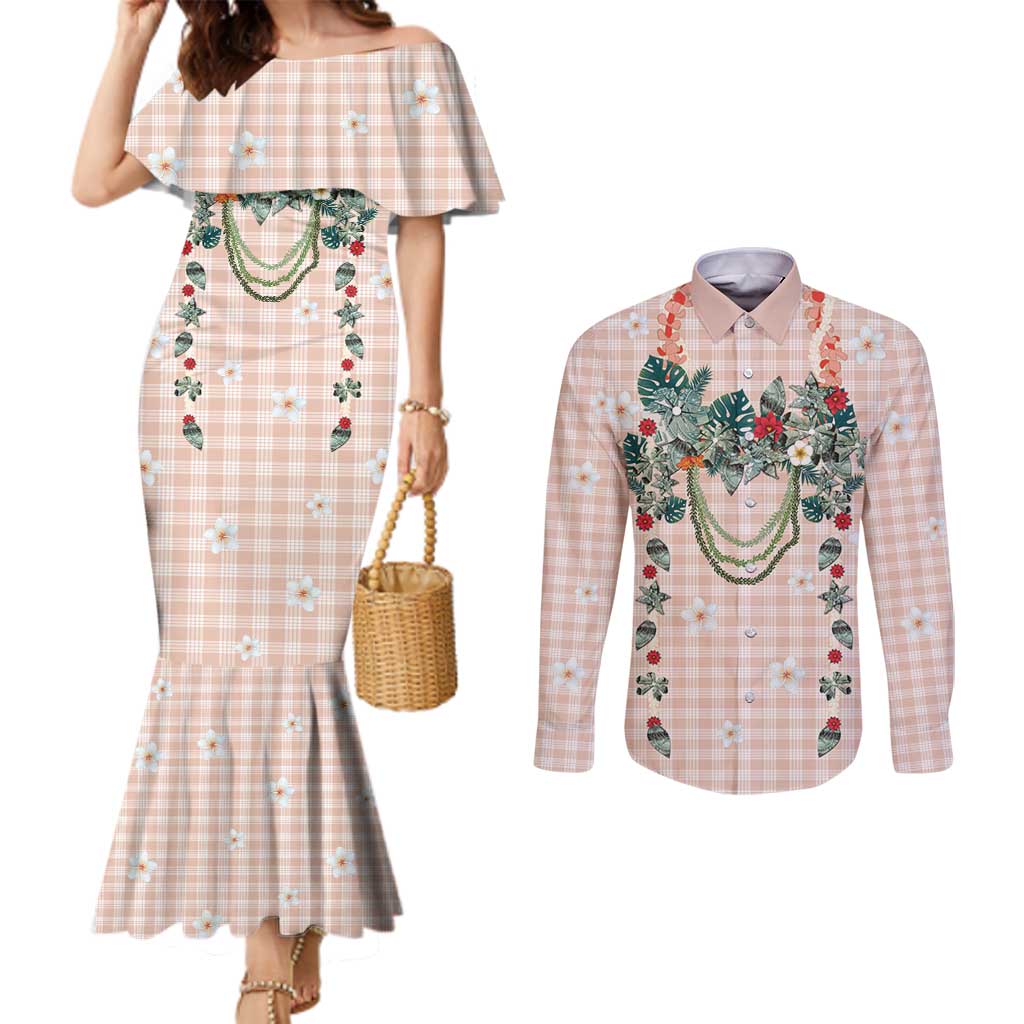 Peach Hawaiian Palaka Couples Matching Mermaid Dress and Long Sleeve Button Shirt Kukui Nut Money Lei - Polynesian Pride