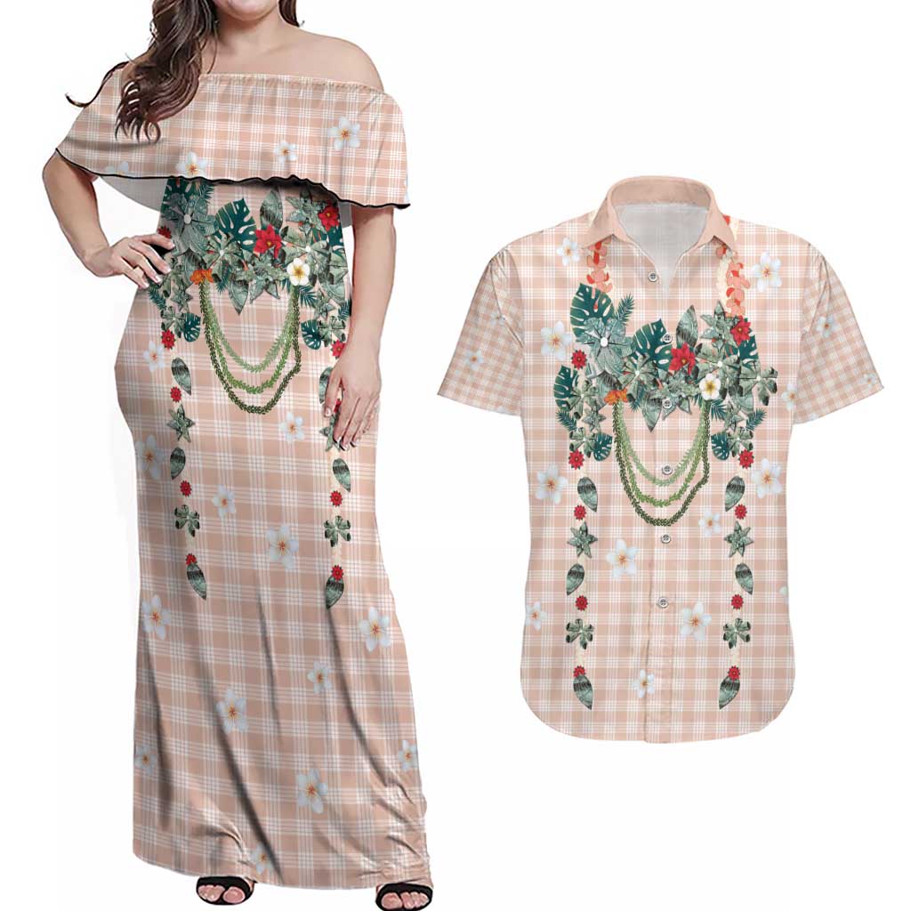 Peach Hawaiian Palaka Couples Matching Off Shoulder Maxi Dress and Hawaiian Shirt Kukui Nut Money Lei - Polynesian Pride