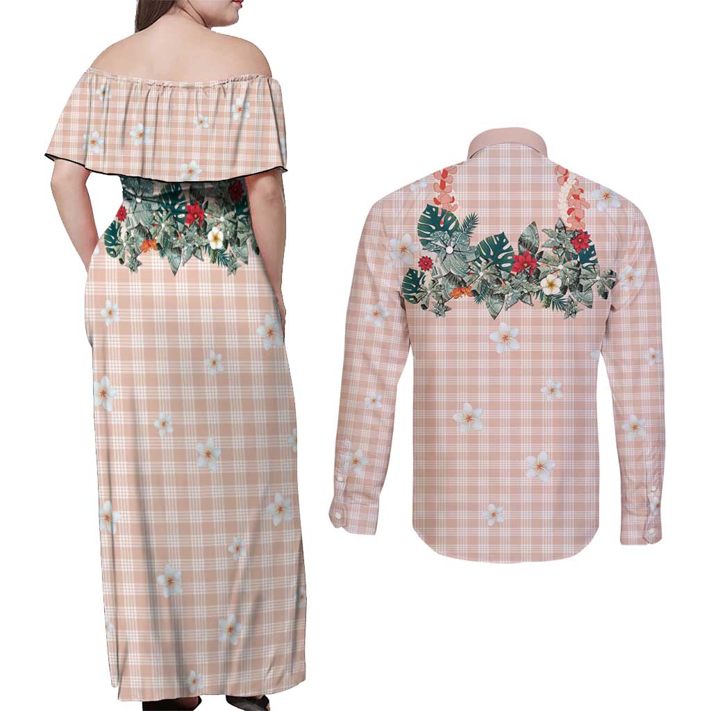 Peach Hawaiian Palaka Couples Matching Off Shoulder Maxi Dress and Long Sleeve Button Shirt Kukui Nut Money Lei - Polynesian Pride