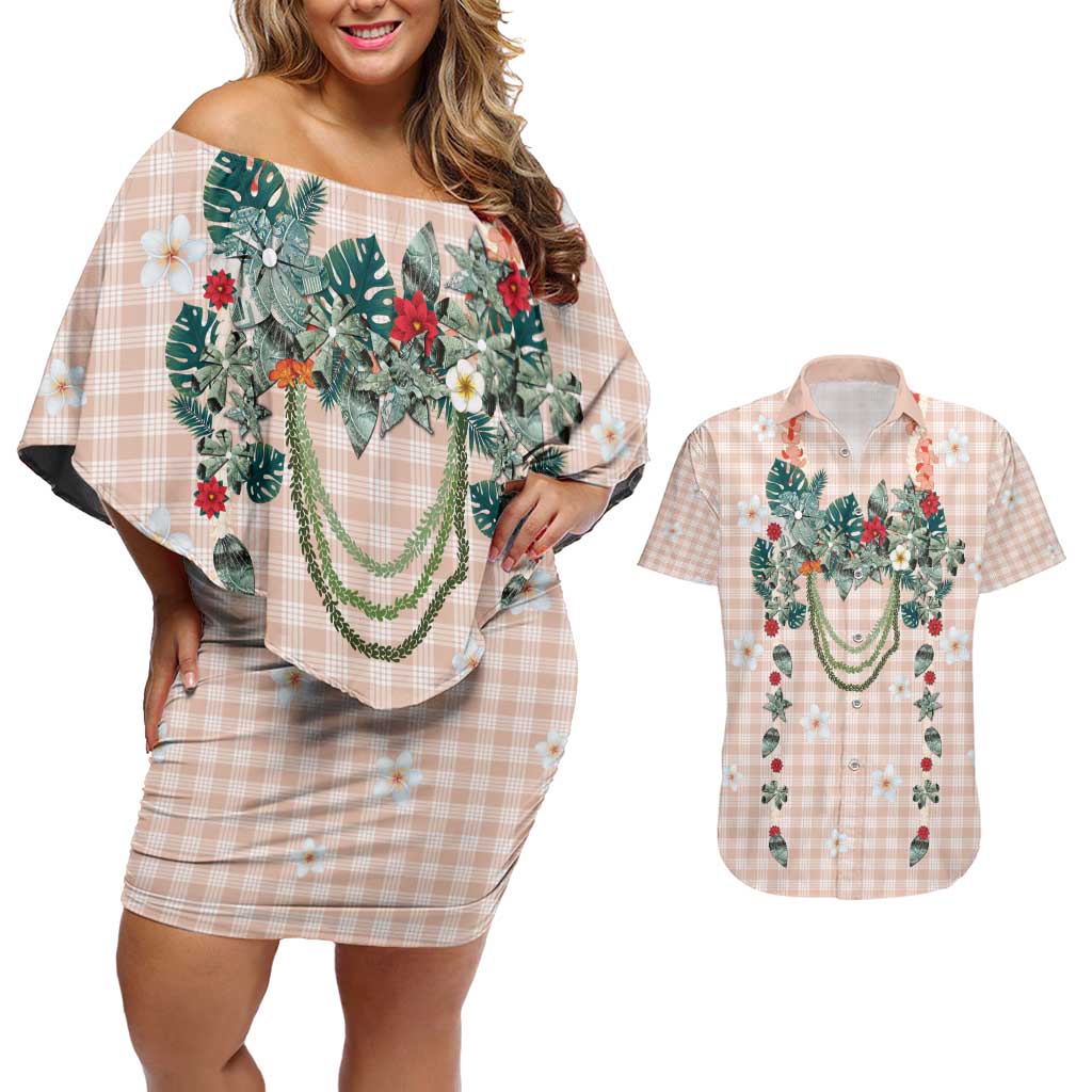 Peach Hawaiian Palaka Couples Matching Off Shoulder Short Dress and Hawaiian Shirt Kukui Nut Money Lei - Polynesian Pride