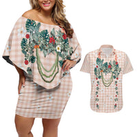 Peach Hawaiian Palaka Couples Matching Off Shoulder Short Dress and Hawaiian Shirt Kukui Nut Money Lei - Polynesian Pride