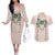 Peach Hawaiian Palaka Couples Matching Off The Shoulder Long Sleeve Dress and Hawaiian Shirt Kukui Nut Money Lei - Polynesian Pride