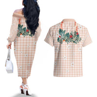 Peach Hawaiian Palaka Couples Matching Off The Shoulder Long Sleeve Dress and Hawaiian Shirt Kukui Nut Money Lei - Polynesian Pride