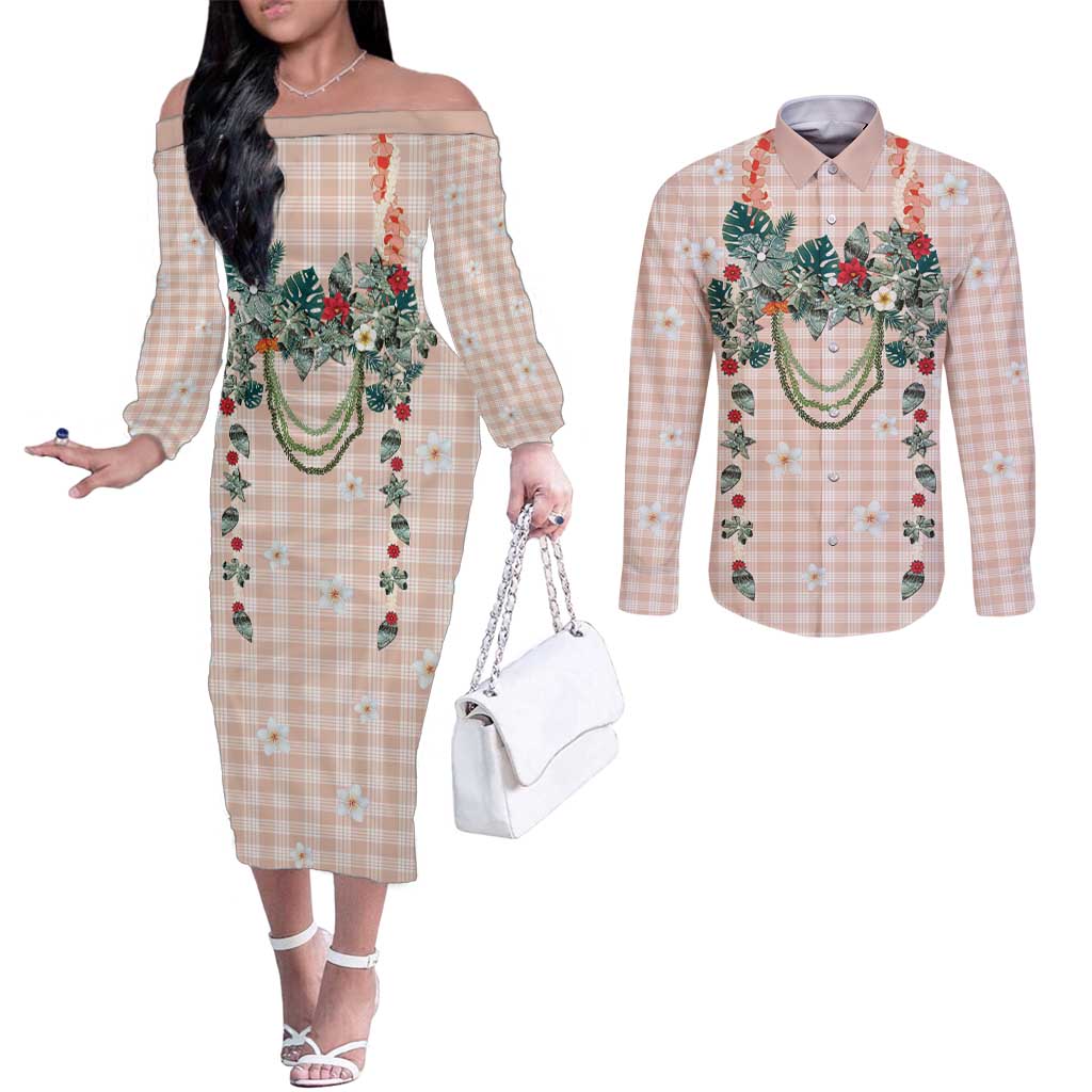 Peach Hawaiian Palaka Couples Matching Off The Shoulder Long Sleeve Dress and Long Sleeve Button Shirt Kukui Nut Money Lei - Polynesian Pride