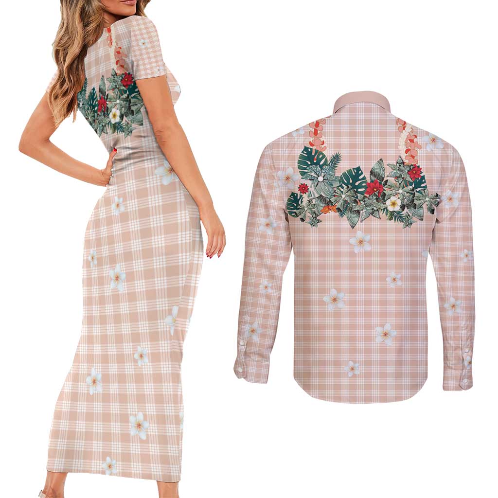 Peach Hawaiian Palaka Couples Matching Short Sleeve Bodycon Dress and Long Sleeve Button Shirt Kukui Nut Money Lei - Polynesian Pride