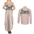 Peach Hawaiian Palaka Couples Matching Summer Maxi Dress and Long Sleeve Button Shirt Kukui Nut Money Lei - Polynesian Pride