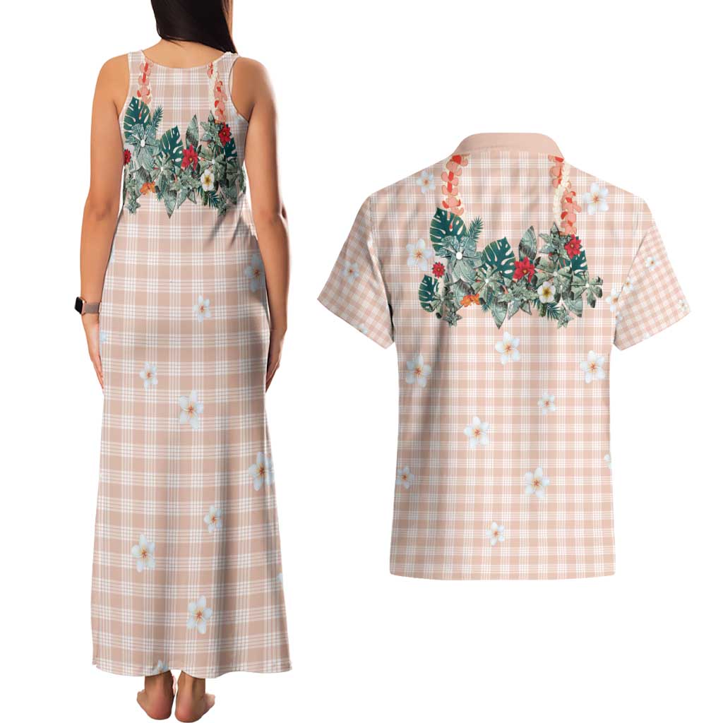 Peach Hawaiian Palaka Couples Matching Tank Maxi Dress and Hawaiian Shirt Kukui Nut Money Lei - Polynesian Pride