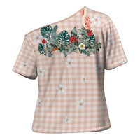Peach Hawaiian Palaka Cross Shoulder Shirt Kukui Nut Money Lei - Polynesian Pride