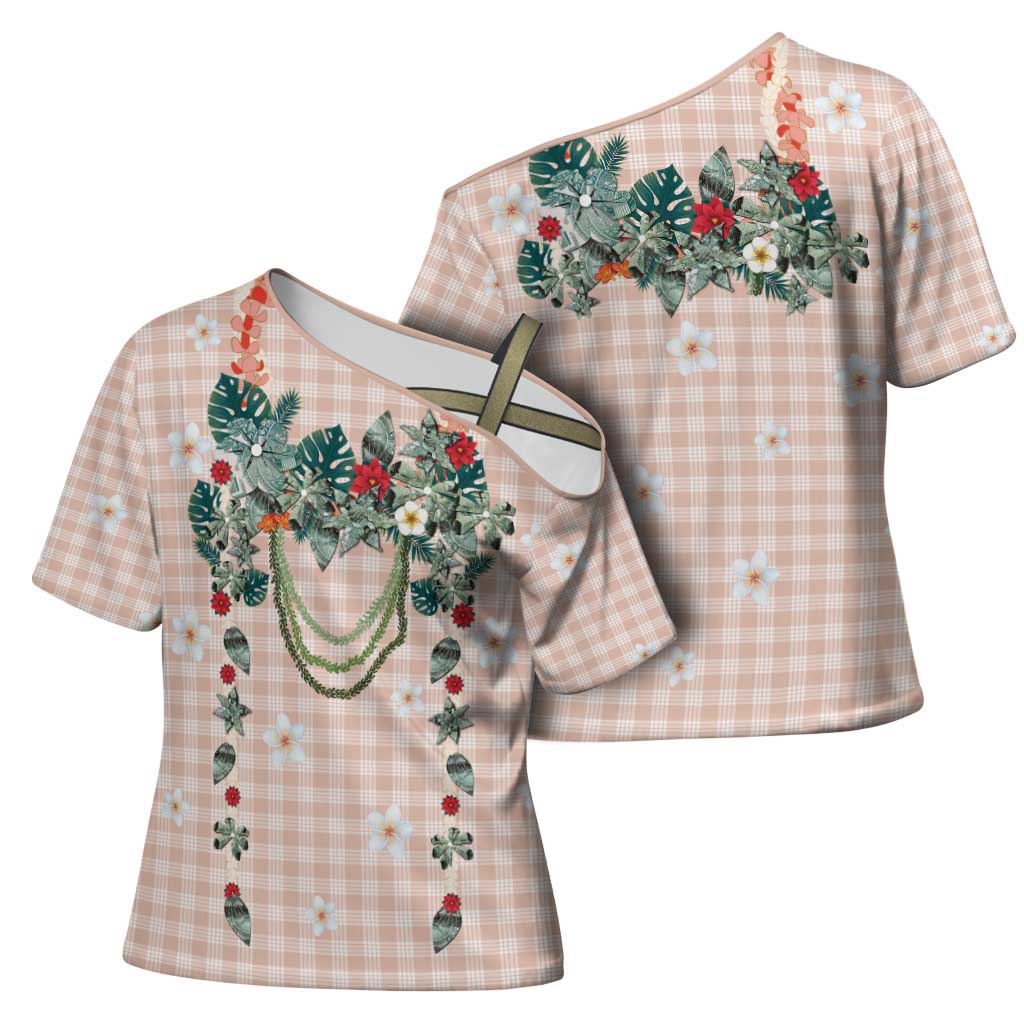 Peach Hawaiian Palaka Cross Shoulder Shirt Kukui Nut Money Lei - Polynesian Pride