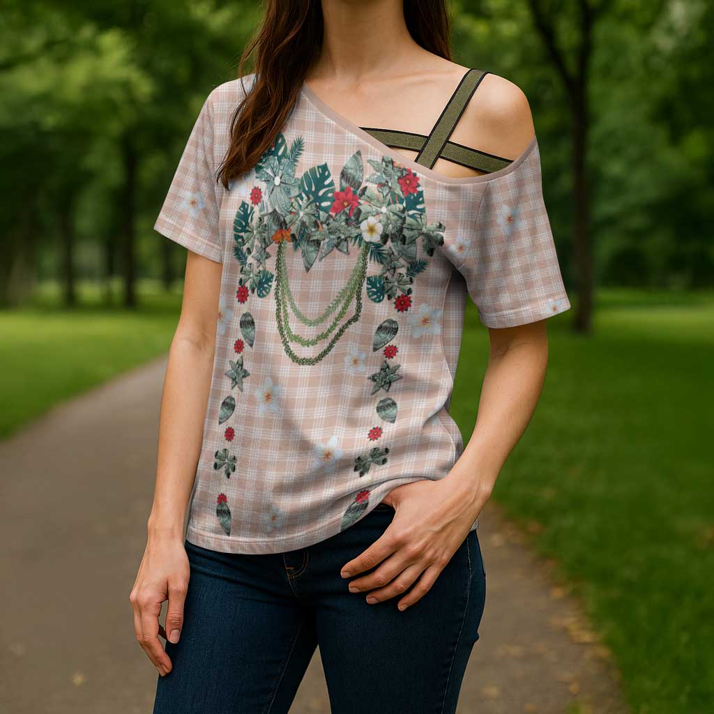 Peach Hawaiian Palaka Cross Shoulder Shirt Kukui Nut Money Lei - Polynesian Pride