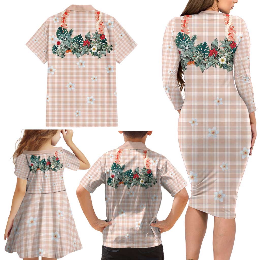 Peach Hawaiian Palaka Family Matching Long Sleeve Bodycon Dress and Hawaiian Shirt Kukui Nut Money Lei - Polynesian Pride