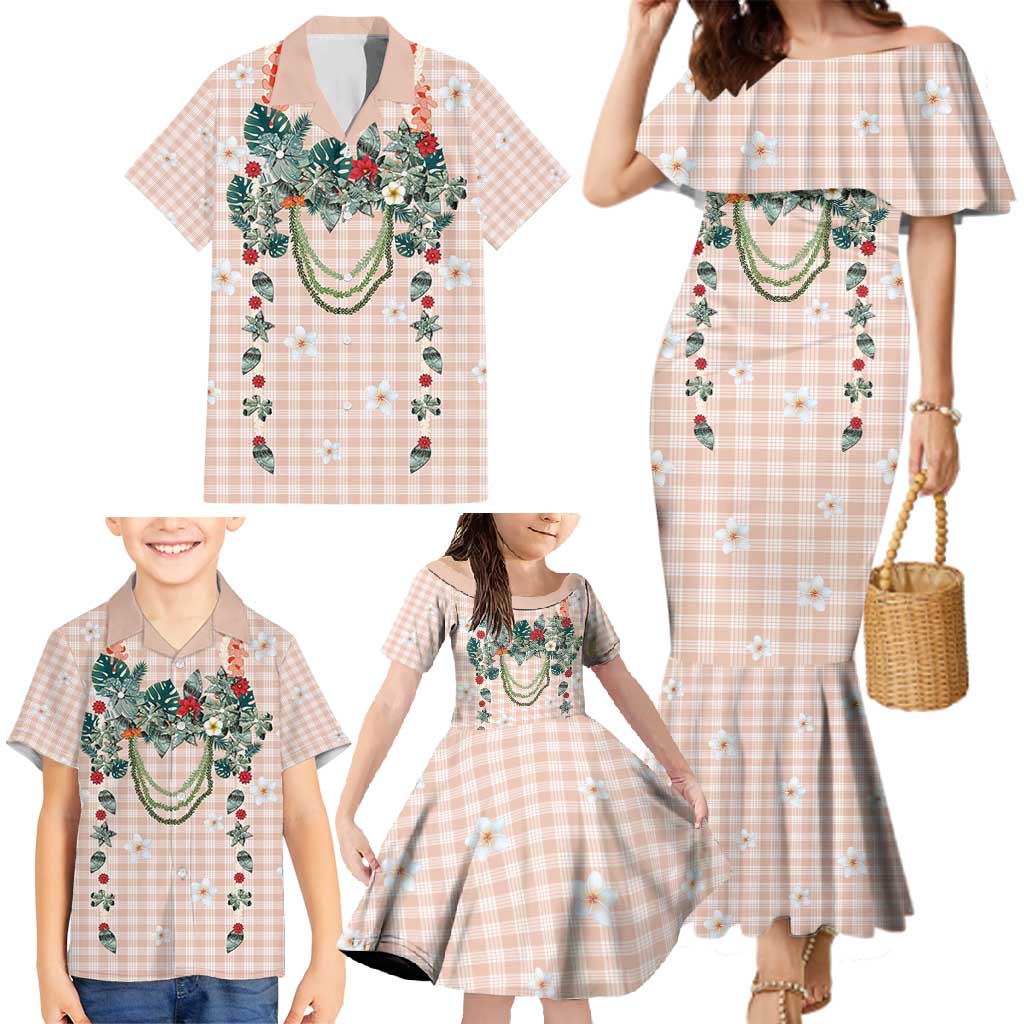 Peach Hawaiian Palaka Family Matching Mermaid Dress and Hawaiian Shirt Kukui Nut Money Lei - Polynesian Pride