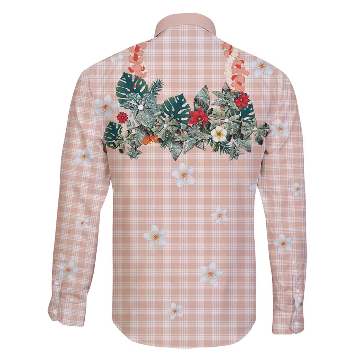 Peach Hawaiian Palaka Family Matching Off The Shoulder Long Sleeve Dress and Hawaiian Shirt Kukui Nut Money Lei - Polynesian Pride