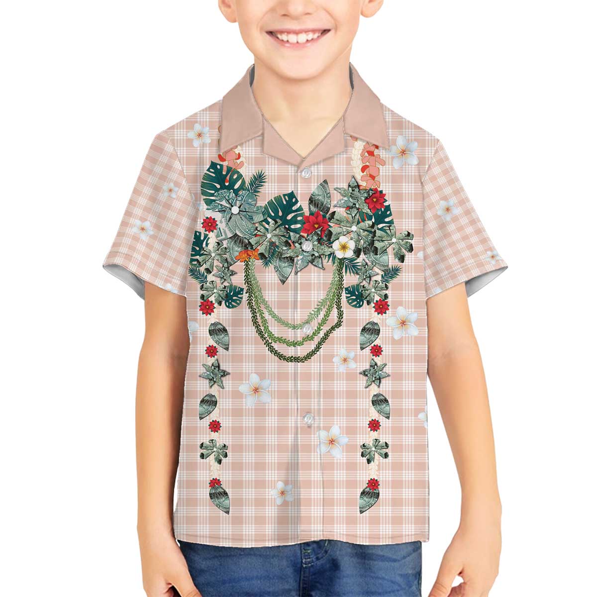 Peach Hawaiian Palaka Family Matching Off The Shoulder Long Sleeve Dress and Hawaiian Shirt Kukui Nut Money Lei - Polynesian Pride