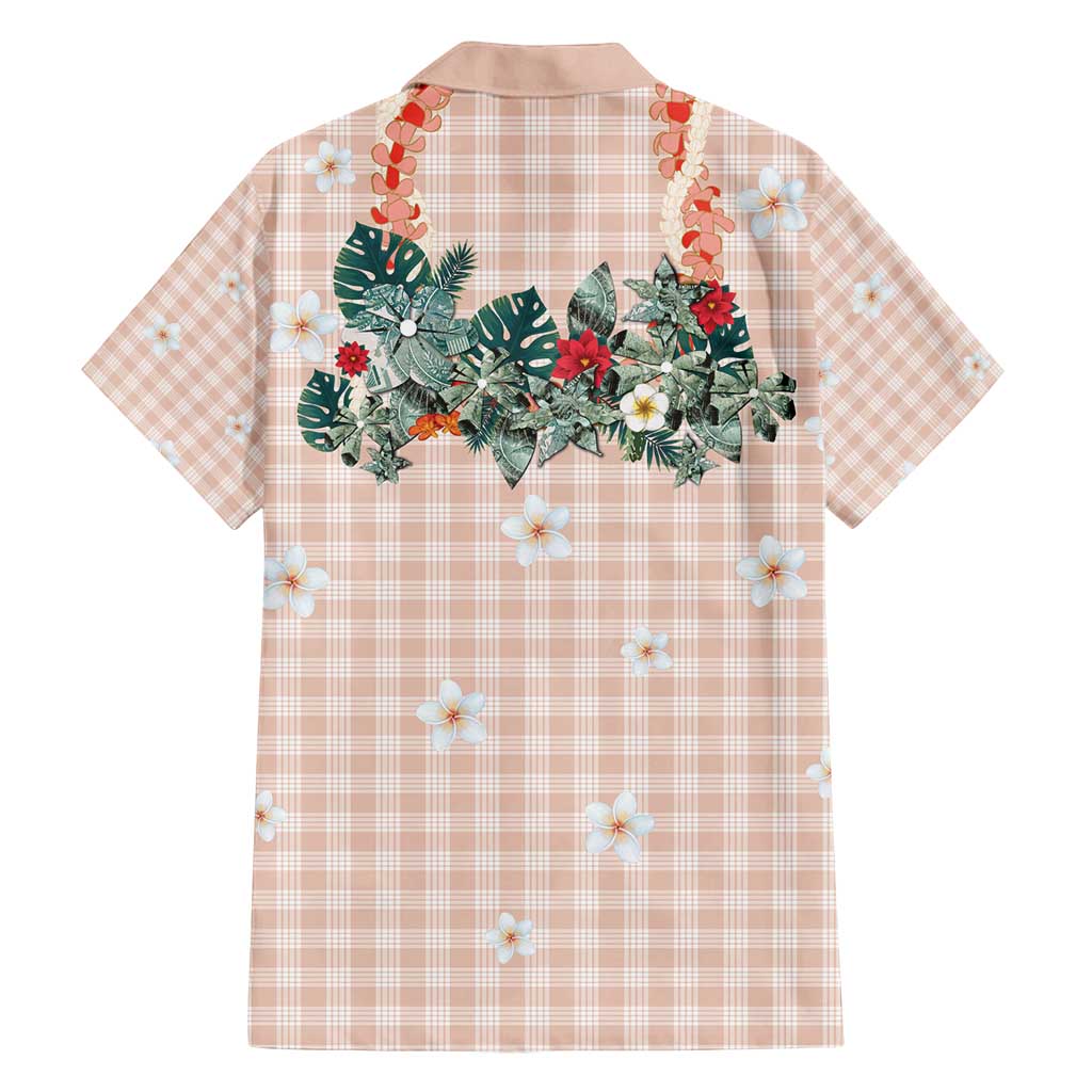 Peach Hawaiian Palaka Family Matching Off Shoulder Short Dress and Hawaiian Shirt Kukui Nut Money Lei - Polynesian Pride