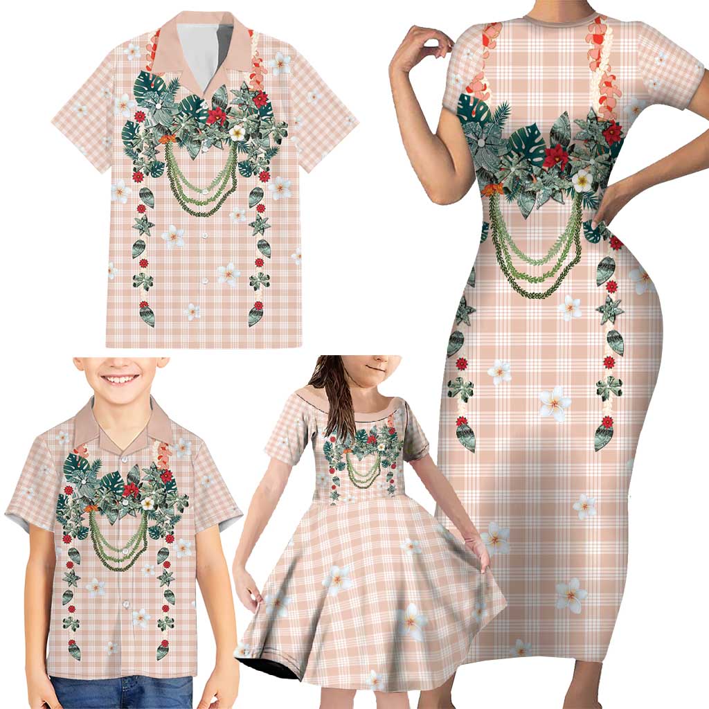 Peach Hawaiian Palaka Family Matching Short Sleeve Bodycon Dress and Hawaiian Shirt Kukui Nut Money Lei - Polynesian Pride