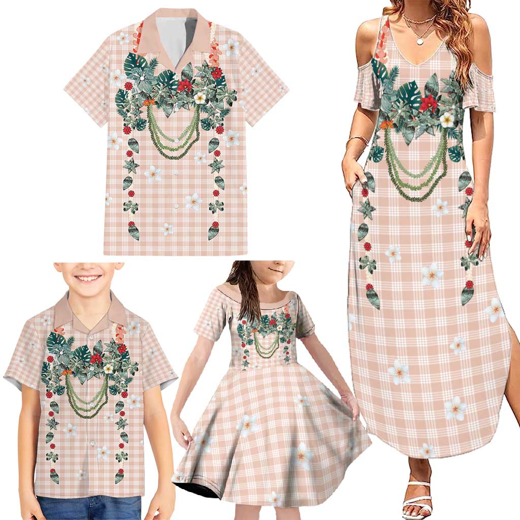 Peach Hawaiian Palaka Family Matching Summer Maxi Dress and Hawaiian Shirt Kukui Nut Money Lei - Polynesian Pride