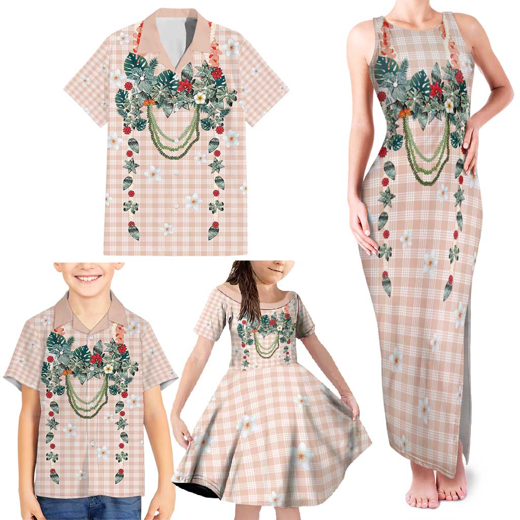 Peach Hawaiian Palaka Family Matching Tank Maxi Dress and Hawaiian Shirt Kukui Nut Money Lei - Polynesian Pride