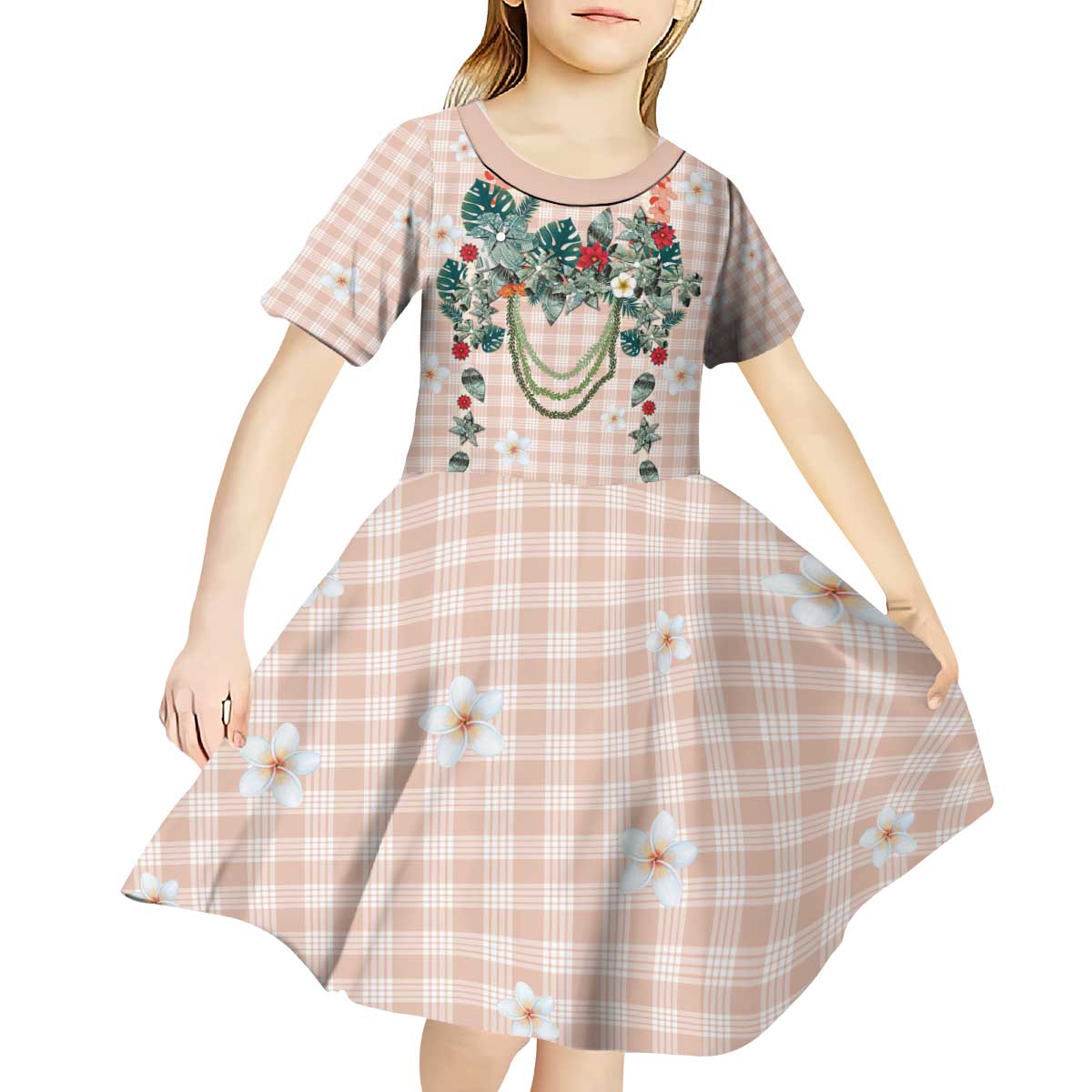 Peach Hawaiian Palaka Kid Short Sleeve Dress Kukui Nut Money Lei - Polynesian Pride