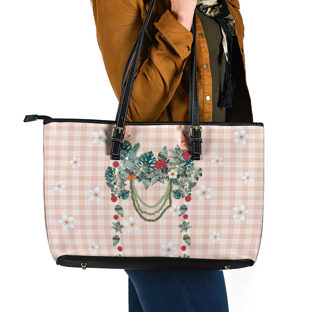 Peach Hawaiian Palaka Leather Tote Bag Kukui Nut Money Lei - Polynesian Pride