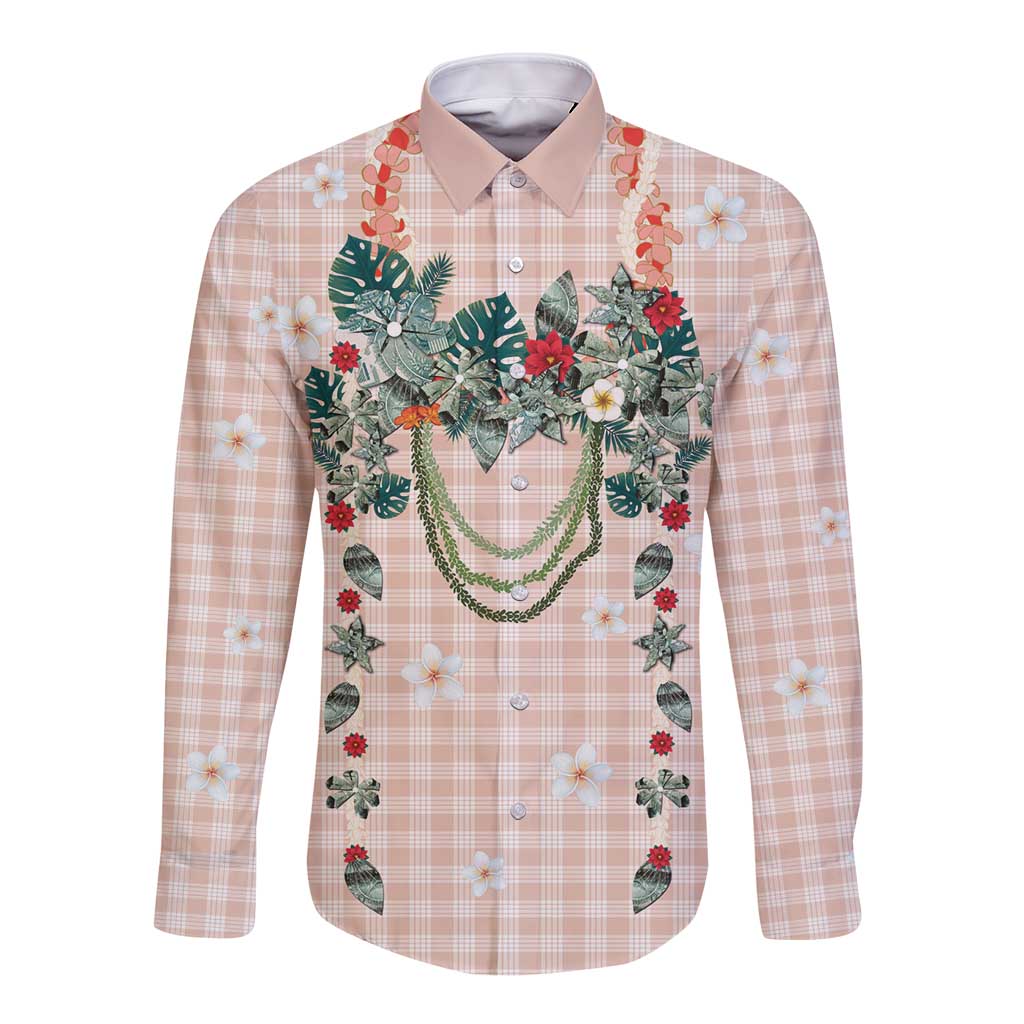 Peach Hawaiian Palaka Long Sleeve Button Shirt Kukui Nut Money Lei LT9 Unisex Peach - Polynesian Pride