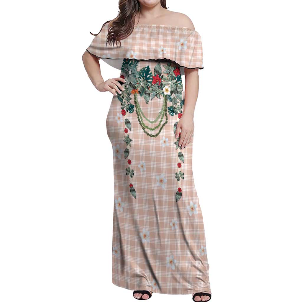 Peach Hawaiian Palaka Off Shoulder Maxi Dress Kukui Nut Money Lei - Polynesian Pride