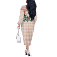 Peach Hawaiian Palaka Off The Shoulder Long Sleeve Dress Kukui Nut Money Lei - Polynesian Pride
