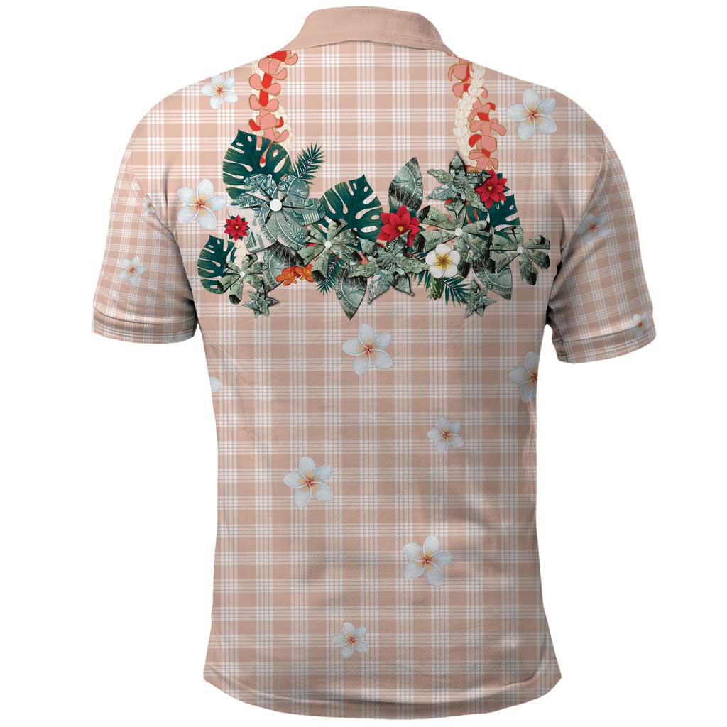 Peach Hawaiian Palaka Polo Shirt Kukui Nut Money Lei - Polynesian Pride
