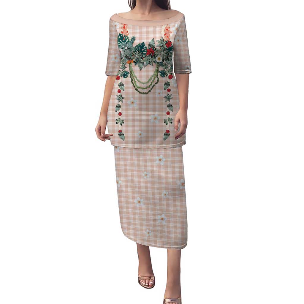 Peach Hawaiian Palaka Puletasi Kukui Nut Money Lei LT9 Long Dress Peach - Polynesian Pride