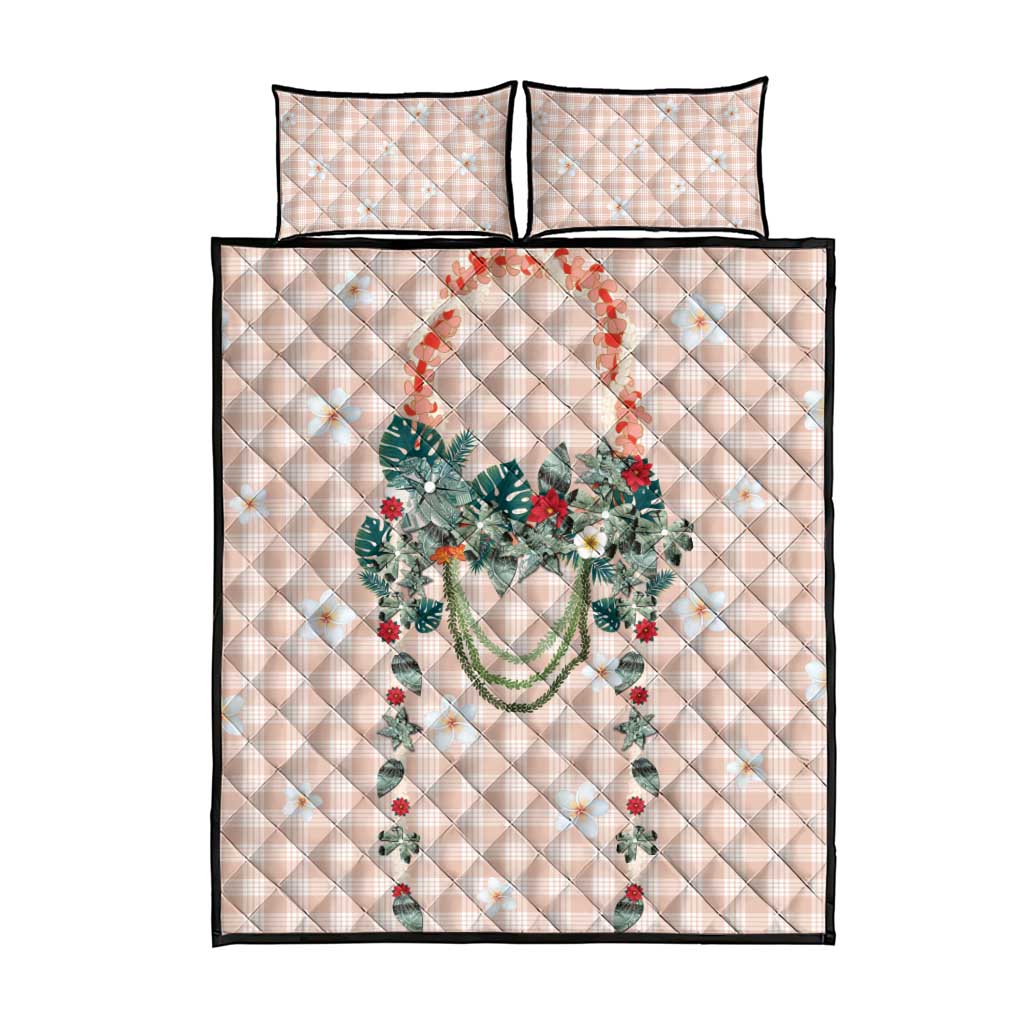 Peach Hawaiian Palaka Quilt Bed Set Kukui Nut Money Lei - Polynesian Pride