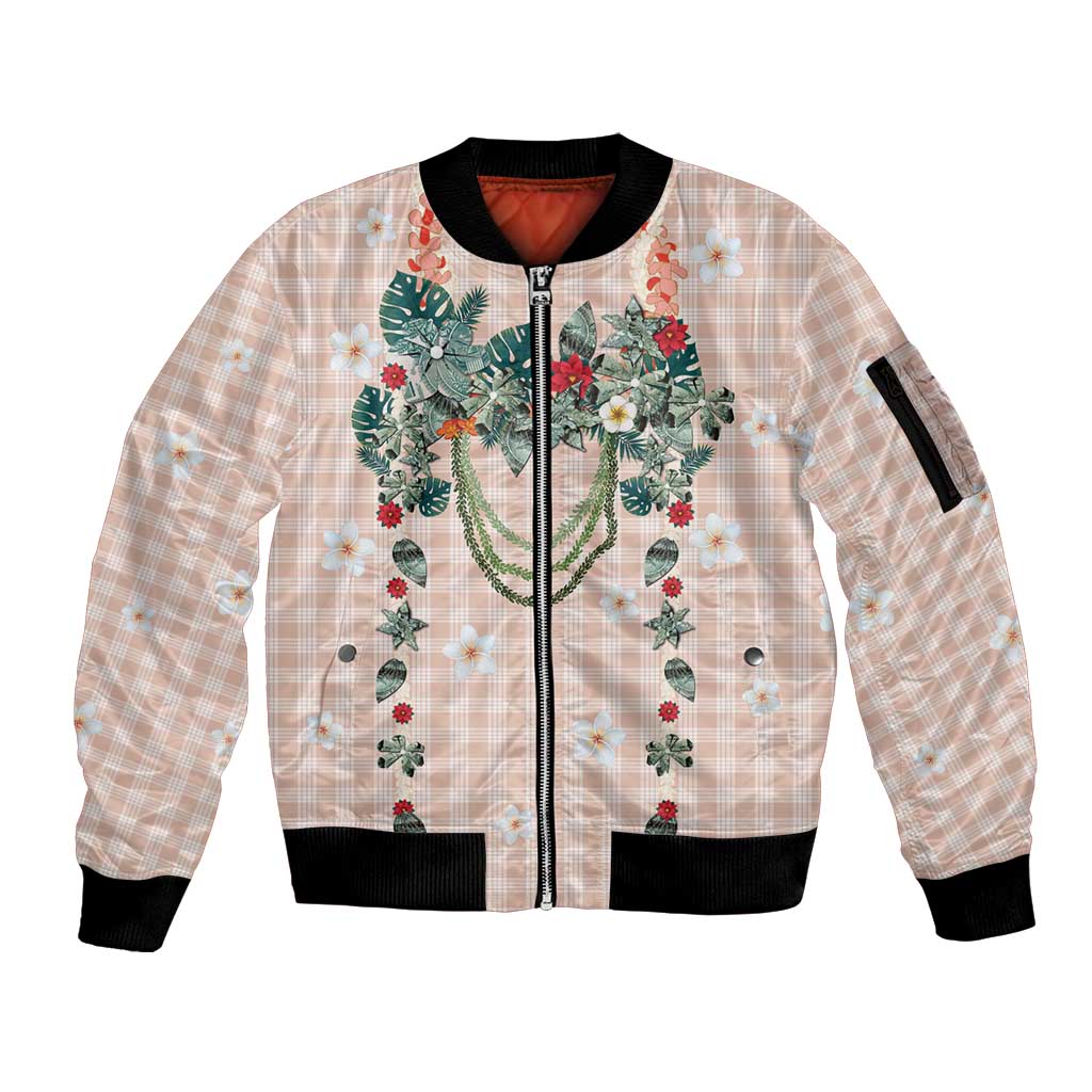 Peach Hawaiian Palaka Sleeve Zip Bomber Jacket Kukui Nut Money Lei LT9 Unisex Peach - Polynesian Pride