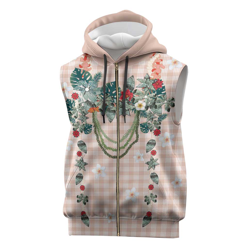Peach Hawaiian Palaka Sleeveless Zip Hoodie Kukui Nut Money Lei - Polynesian Pride