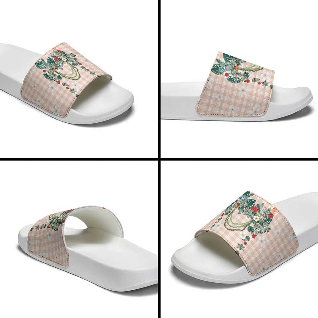 Peach Hawaiian Palaka Slide Sandals Kukui Nut Money Lei - Polynesian Pride
