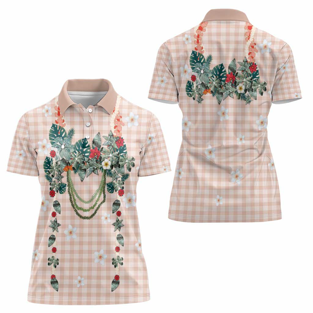 Peach Hawaiian Palaka Women Polo Shirt Kukui Nut Money Lei - Polynesian Pride