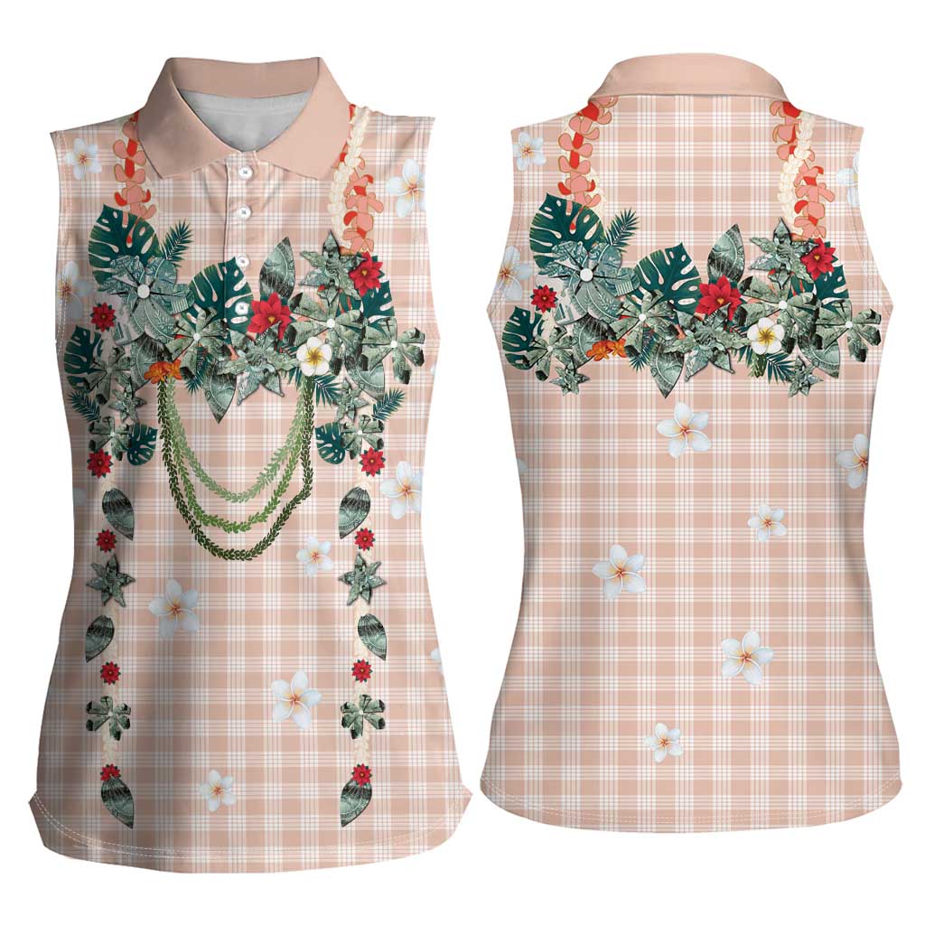 Peach Hawaiian Palaka Women Sleeveless Polo Shirt Kukui Nut Money Lei - Polynesian Pride
