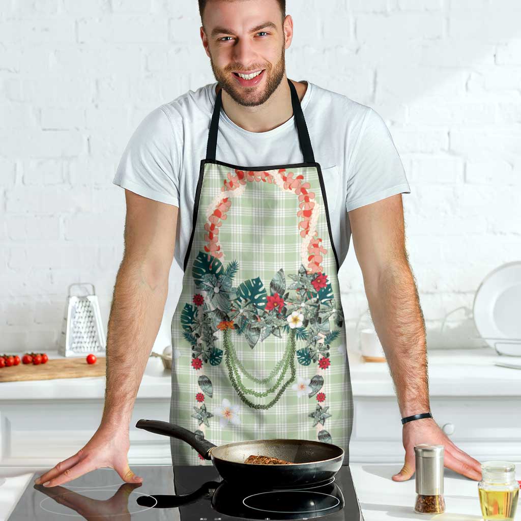 Sage Green Hawaiian Palaka Apron Kukui Nut Money Lei - Polynesian Pride