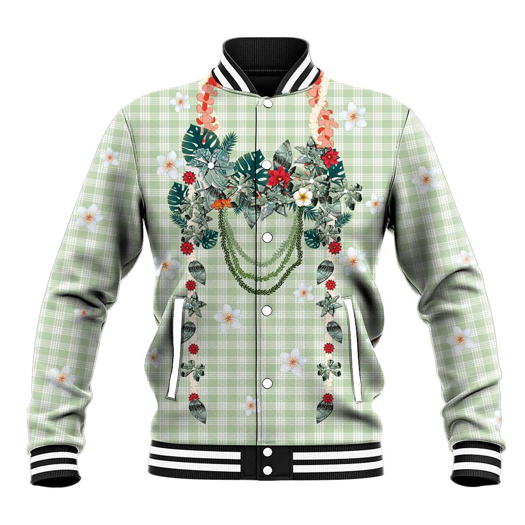 Sage Green Hawaiian Palaka Baseball Jacket Kukui Nut Money Lei - Polynesian Pride