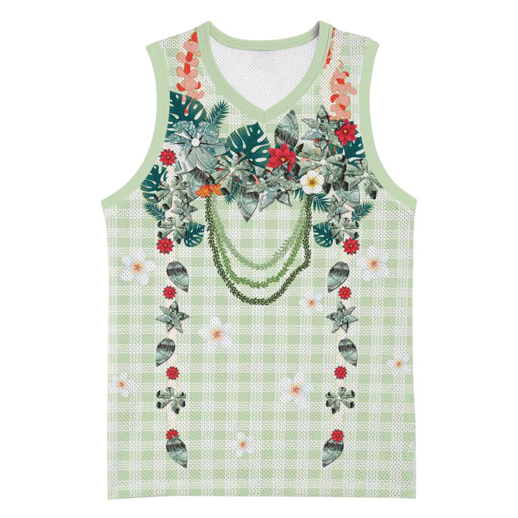 Sage Green Hawaiian Palaka Basketball Jersey Kukui Nut Money Lei - Polynesian Pride