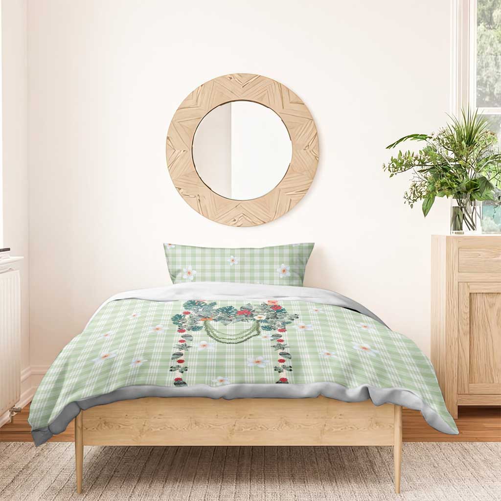 Sage Green Hawaiian Palaka Bedding Set Kukui Nut Money Lei - Polynesian Pride