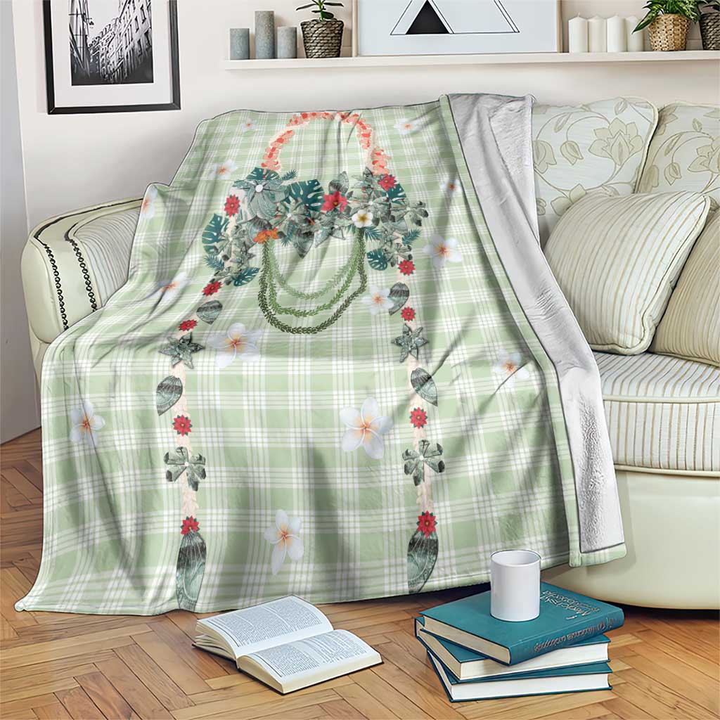 Sage Green Hawaiian Palaka Blanket Kukui Nut Money Lei - Polynesian Pride