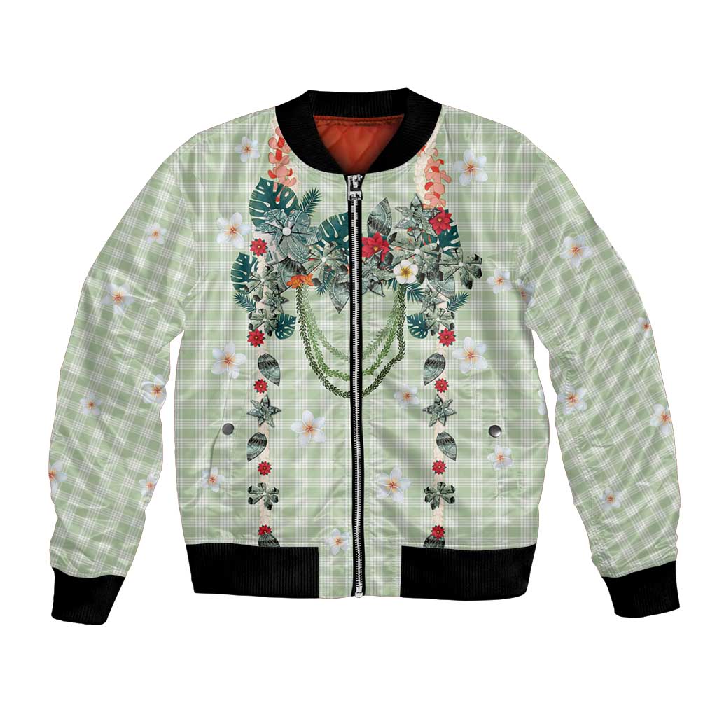 Sage Green Hawaiian Palaka Bomber Jacket Kukui Nut Money Lei LT9 Unisex Green - Polynesian Pride