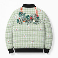 Sage Green Hawaiian Palaka Bomber Puffer Jacket Kukui Nut Money Lei - Polynesian Pride