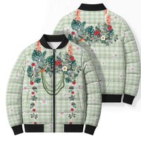 Sage Green Hawaiian Palaka Bomber Puffer Jacket Kukui Nut Money Lei - Polynesian Pride