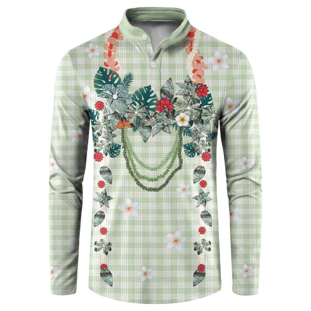 Sage Green Hawaiian Palaka Button Sweatshirt Kukui Nut Money Lei - Polynesian Pride