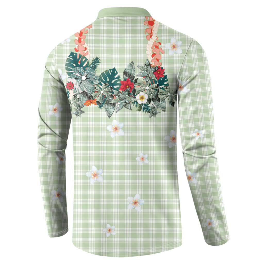 Sage Green Hawaiian Palaka Button Sweatshirt Kukui Nut Money Lei - Polynesian Pride