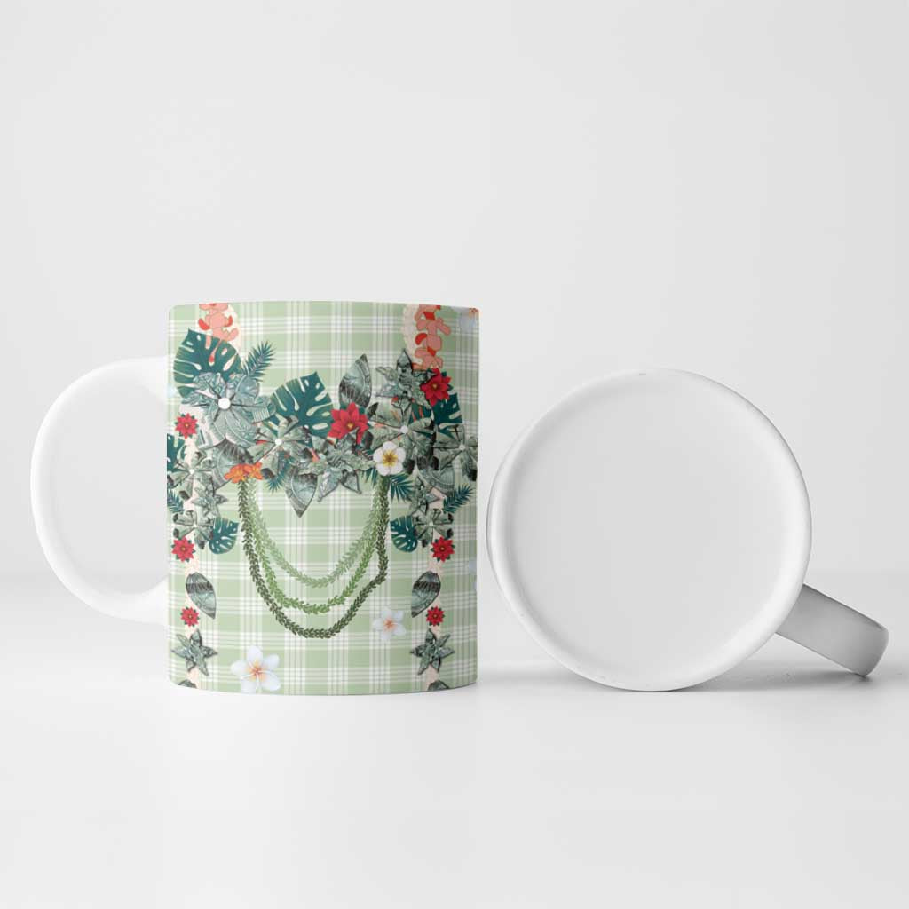 Sage Green Hawaiian Palaka Ceramic Mug Kukui Nut Money Lei - Polynesian Pride
