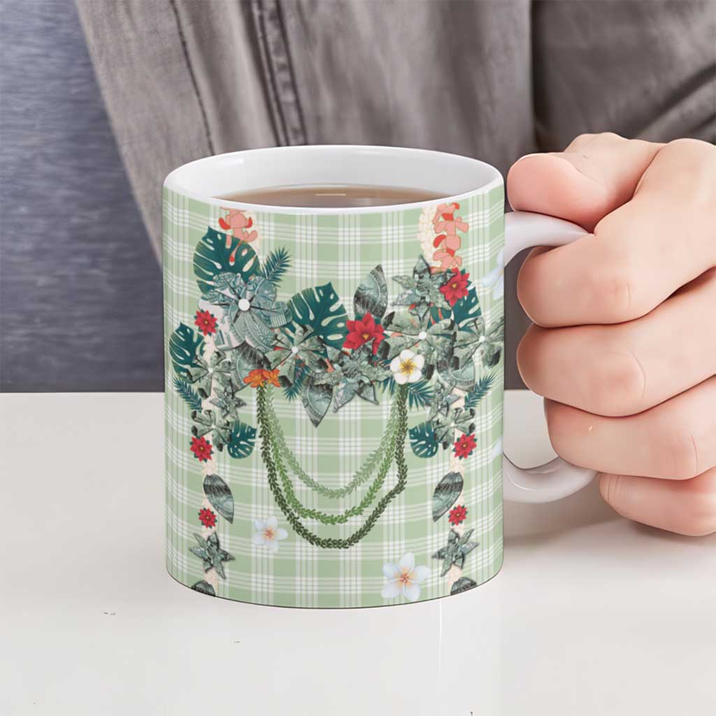 Sage Green Hawaiian Palaka Ceramic Mug Kukui Nut Money Lei - Polynesian Pride
