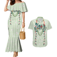 Sage Green Hawaiian Palaka Couples Matching Mermaid Dress and Hawaiian Shirt Kukui Nut Money Lei - Polynesian Pride