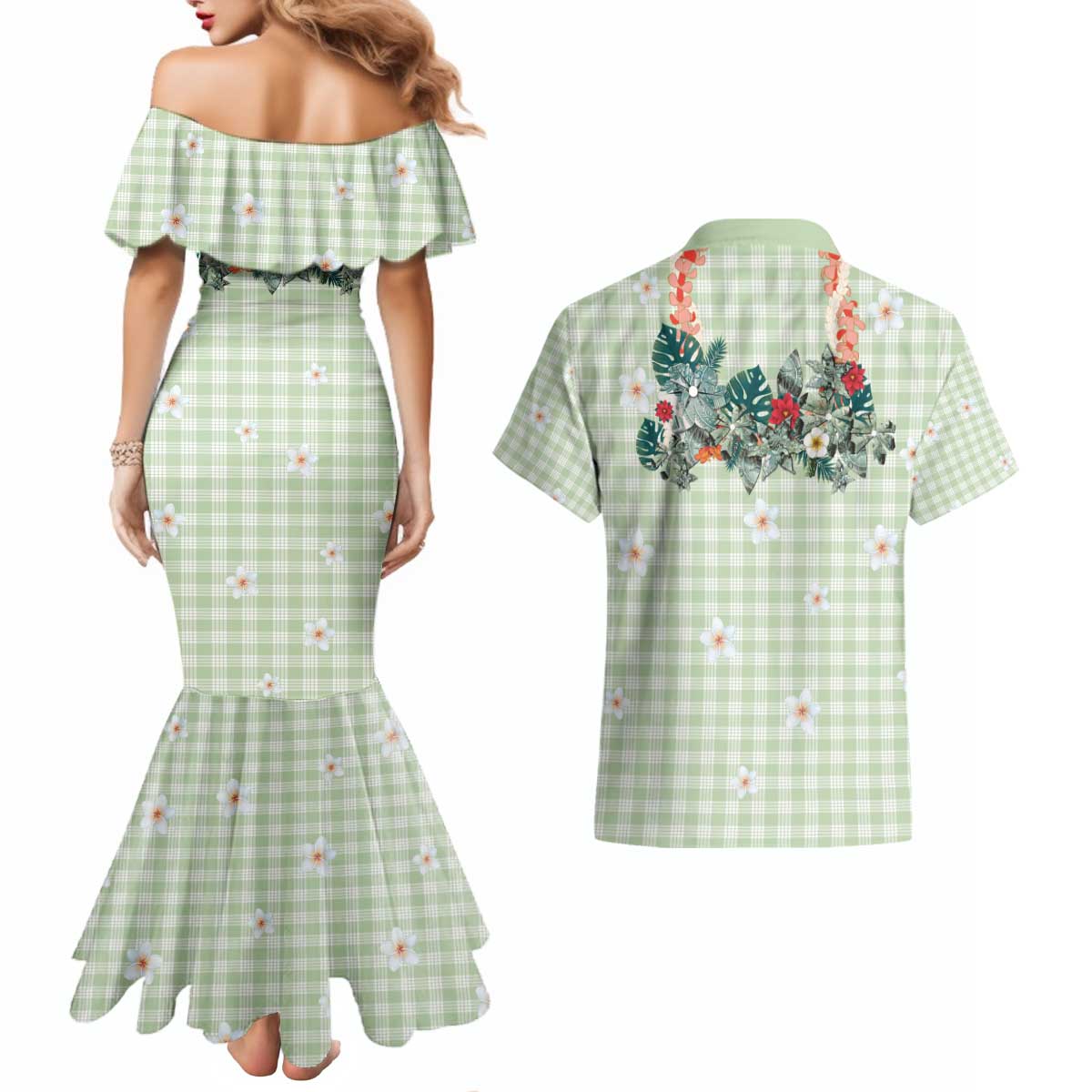 Sage Green Hawaiian Palaka Couples Matching Mermaid Dress and Hawaiian Shirt Kukui Nut Money Lei - Polynesian Pride