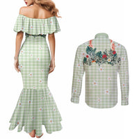 Sage Green Hawaiian Palaka Couples Matching Mermaid Dress and Long Sleeve Button Shirt Kukui Nut Money Lei - Polynesian Pride